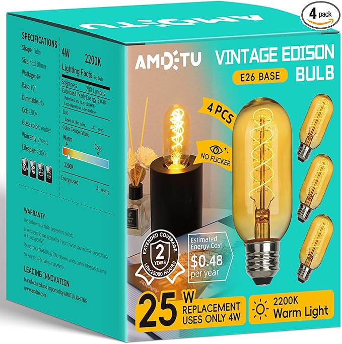 AMDTU LED Edison Vintage Light Bulbs 25 Watt Equivalent 4W E26 Base Amber Warm Yellow Filament Non Dimmable T45 Tubular Bulb Soft Warm 2200K 4 Pack 200 Lumens Ideal for Lamps,Pendants,Wall Sconces