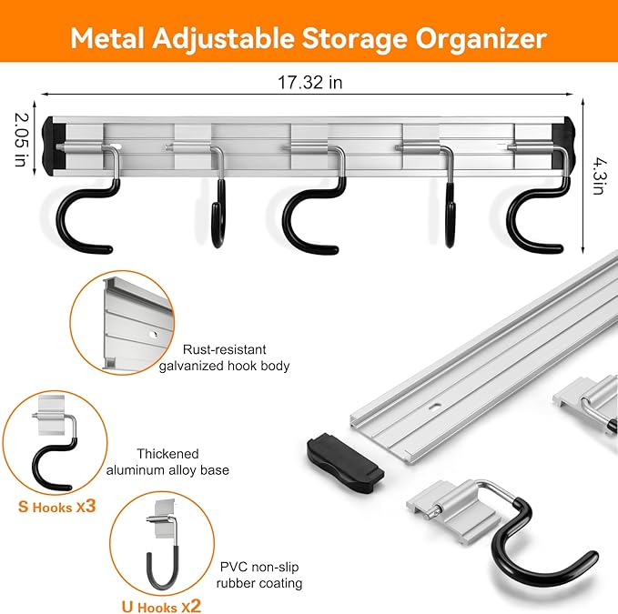 69'' Aluminum Alloy Garden Tool Organizer Wall Mount Garage Organizers and Storage with Hooks Tool Hangers for Shed Hooks for Shovel, Rake, Broom & More