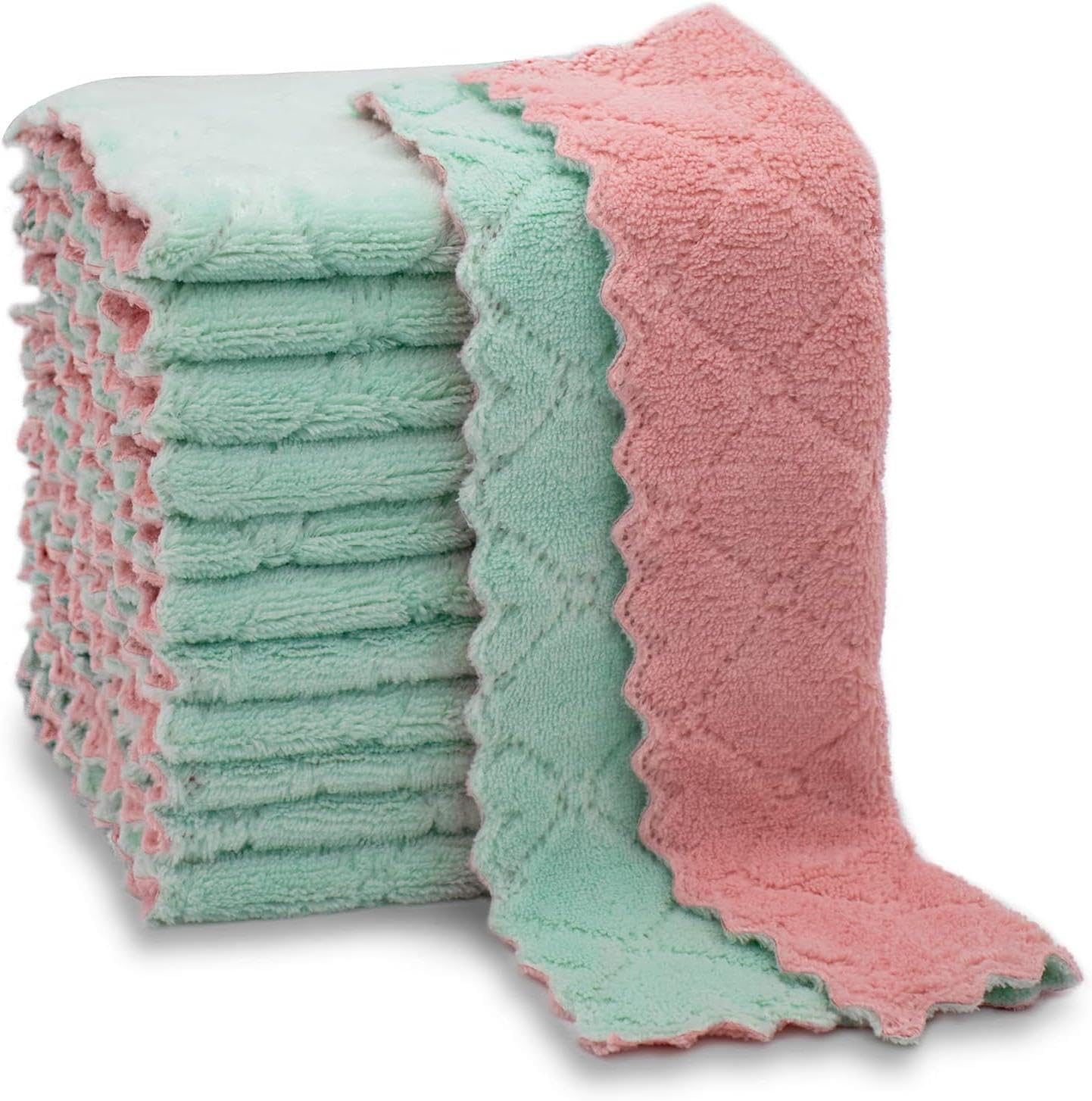 Dual-Purpose Microfiber Cleaning Cloths, 12-Pack, 6x10 inches, Pink and Mint Green, Kitchen and Household Cleaning Towels