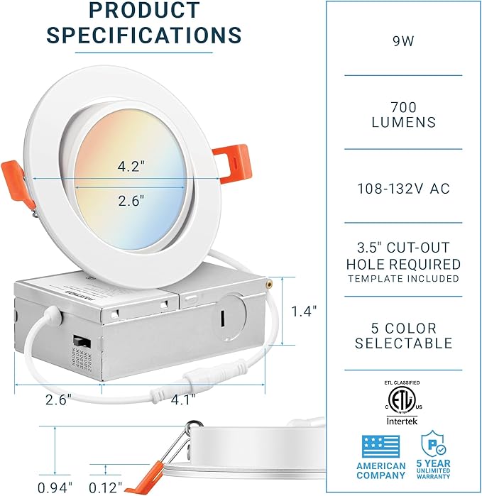 PARMIDA (12 Pack) 4 Inch LED Gimbal 5CCT Recessed Lighting, Directional Adjustable Canless Ceiling Light with J-Box, 2700K-5000K 5 Color Selectable, 9W, Eyeball Ultra-Thin Slim Panel, Dimmable, ETL