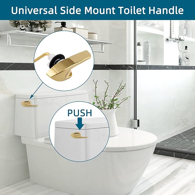 Universal Metal Side Mount Toilet Handle Replacement Kit Compatible with Kohler K-GP30324-CP/Glacier Bay Toilet with 1pc Flapper Chain, Toilet Flusher Lever, Shiny Gold