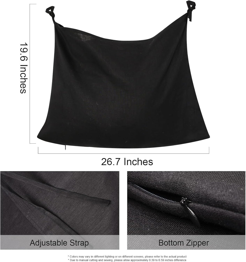 Hanging Linen Laundry Bag, 100% Pure Flax Linen Over The Door Hamper with Bottom Zipper for Laundry Room, Household Dirty Cloth Storage Organizer Bag, Black