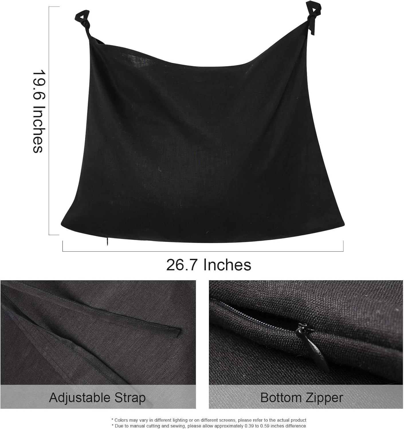 Hanging Linen Laundry Bag, 100% Pure Flax Linen Over The Door Hamper with Bottom Zipper for Laundry Room, Household Dirty Cloth Storage Organizer Bag, Black