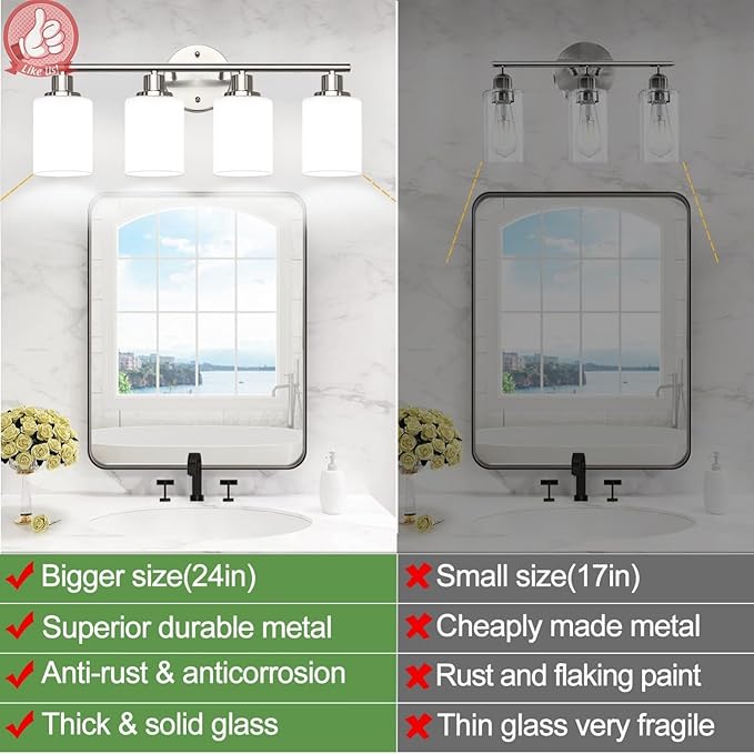 4-Light Bathroom Light Fixtures, Brushed Nickel Modern Vanity Lights with Milky White Frosted Glass Shades, Bathroom Wall Lamp for Mirror Kitchen Living Room