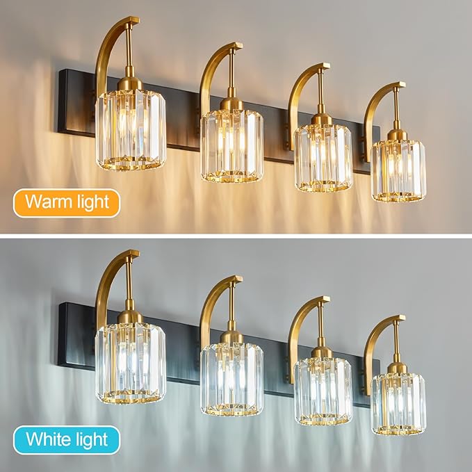 4-Light Crystal Vanity Light, Modern Black Gold Bathroom Wall Sconce with K9 Crystal Shades, 32.67" Long Over Mirror Lighting for Vanity, Makeup, Hallway, Elegant & Easy Install