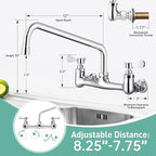 Wall Mount Commercial Sink Faucet with 12” Swivel Spout, 8" Center Wall Mount Kitchen Faucet, Dual Handles Brass Utility Sink Faucet for Laundry Room Restaurant