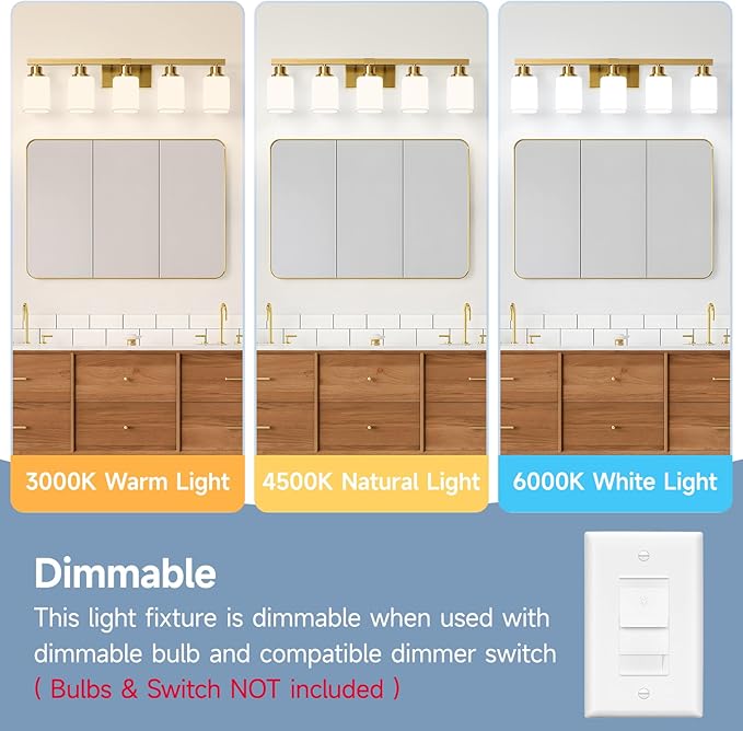 Brushed Gold Bathroom Vanity Light,5-Light Bathroom Light Fixtures with Square Frosted Glass,Gold Bathroom Wall Lamp Sconces for Mirror Bedroom,Living Room Hallway,E26