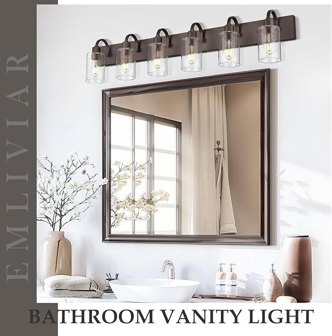 Emliviar 44.7 Inch Large Vanity Light for Bathroom, 6 Light Farmhouse Sconces Wall Lighting Over Mirror with Clear Glass, Oil Rubbed Bronze Finish, YCE237B-6W ORB