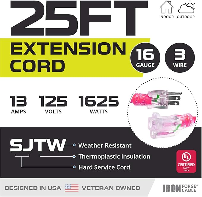 Iron Forge Cable Weatherproof 25 Ft Outdoor Extension Cord - 16/3 SJTW 13 Amp Heavy Duty Neon Pink Extension Cord 3 Prong - Lighted End