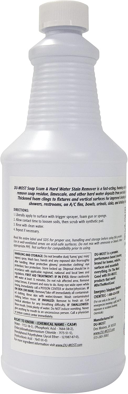 DU-MOST Soap Scum & Hard Water Stain Remover, High Foaming Acid Cleaner Removes Limescale & Soap Residue, Kitchen & Bathroom Use, 32 Oz