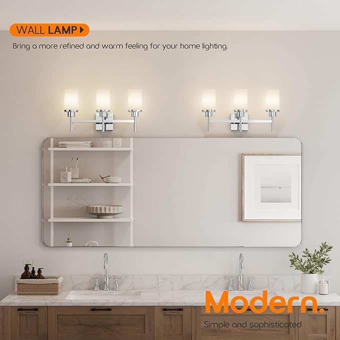 Bathrom Light Fixtures Polished Chrome 3 Vanity Lights with White Frosted Glass Shade, Wall Lamps Over Mirror for Bath Washroom Bedrom T001CH-L3