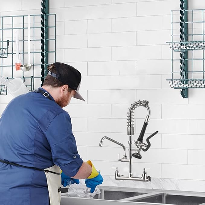 Commercial Wall Mount Kitchen Sink Faucet with Sprayer - 21" Height 8 inch Center, Add-on 8" Swing Spout Pre-Rinse Sprayer for 1 or 2 Compartment Sink