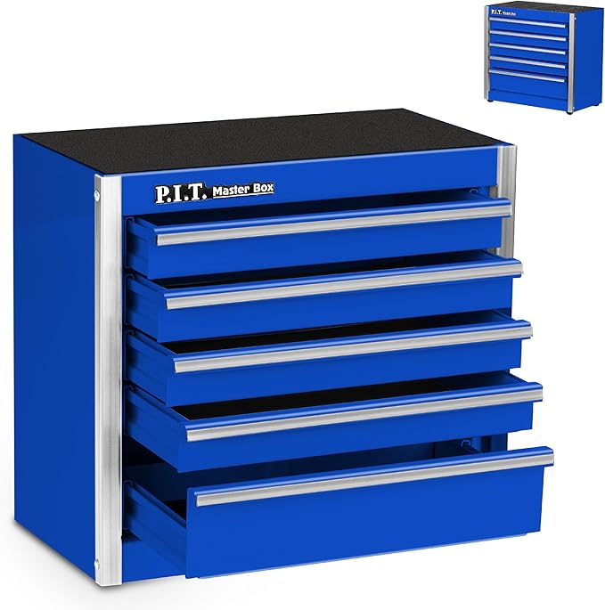 P.I.T. Mini Blue Tool Box, Portable 5-Drawer Micro Roll Cab Steel Stackable Tool Box with Liner, Blue Small Tool Case for Tools Storage and Organizers, Home DIY