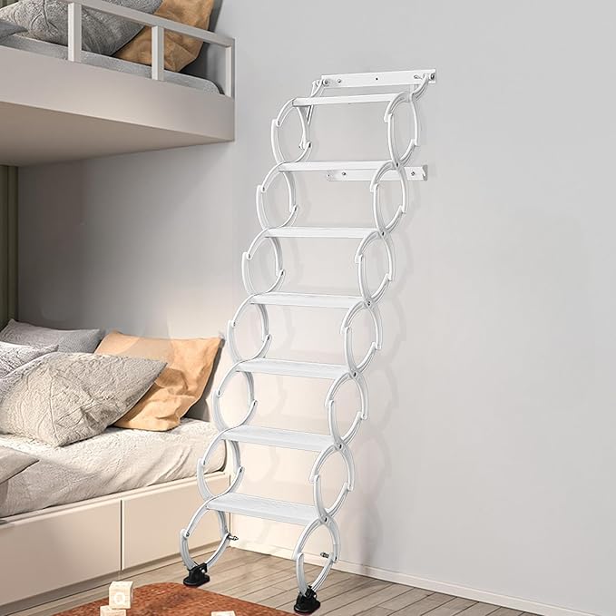 7 Steps Wall Mounted Attic Ladder, Indoor Attic Stairs Pull Down System, Metal Telescoping Step Ladders, Anti-slip Retractable Folding Stair, Loft Extension Steps Staircase for Garage (white, 7 Steps)