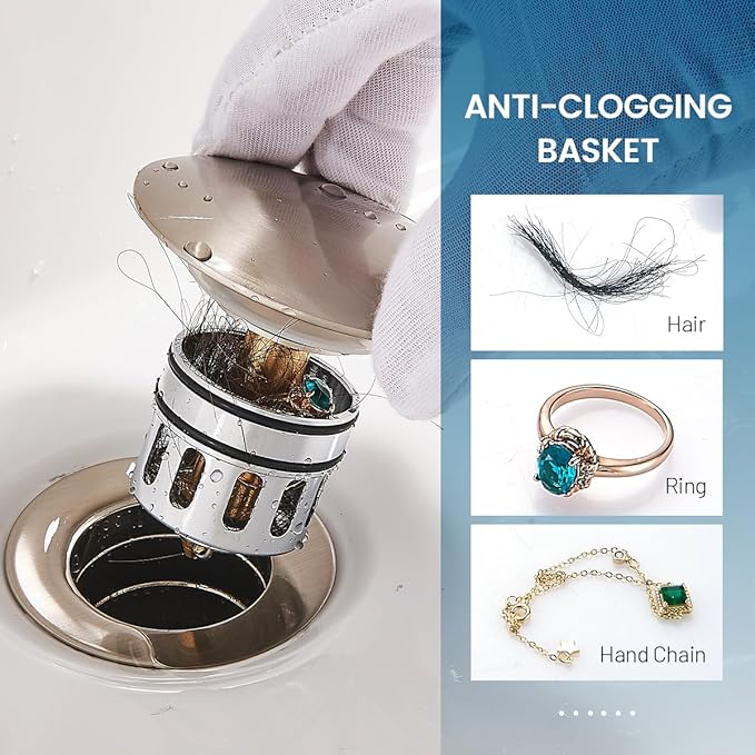 Bathroom Sink Drain Stopper Without Overflow, Pop Up Drain with Detachable Hair Catcher for Lavatory Vanity Vessel Sink, Brushed Nickel 2 Pack, RM082B-P2