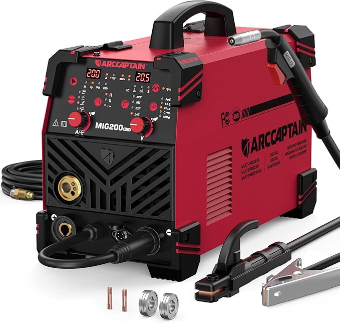 ARCCAPTAIN MIG Welder 200A, Upgraded 6 IN 1 Welding Machine 110V/220V Flux Core MIG/Gas MIG/Lift TIG/Stick Welding/Spool Gun MIG/Spot Multiprocess Welder with Synergy, Burn Back Adjustment, Inductance