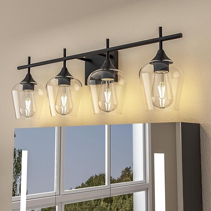 Vanity Bathroom Light, 4-Light Bathroom Light Fixtures Over Mirror, Black Vanity Lights for Bathroom with Clear Glass, Modern Wall Lamp for Cabinet Hallway, Bedroom