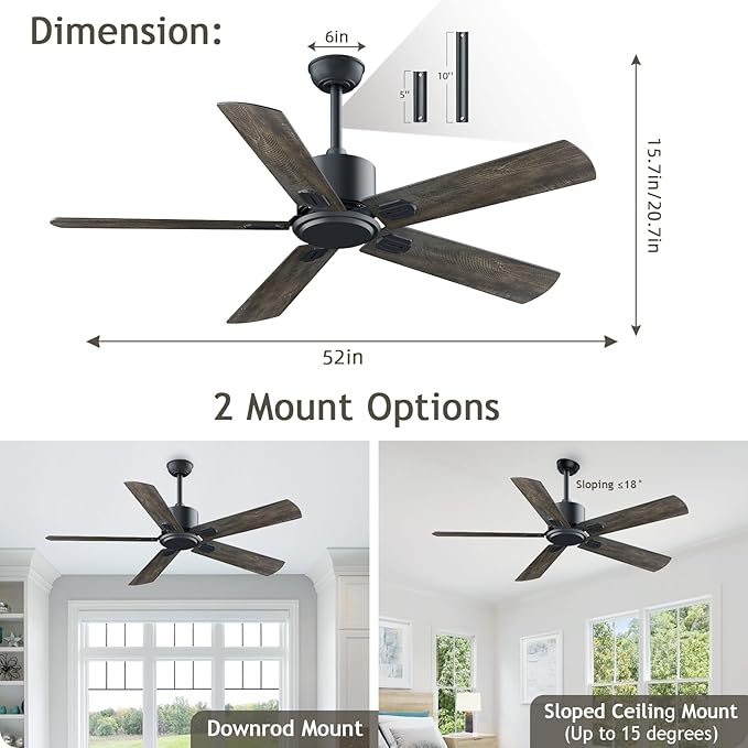 52 Inch Ceiling Fan No Light - Outdoor Indoor Flush Mount Low Profile DC Motor Fan with Remote, 5 Blades Reversible Silent Fan for Patio, Bedroom, Living Room, Garage, Brown