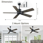 52 Inch Ceiling Fan No Light - Outdoor Indoor Flush Mount Low Profile DC Motor Fan with Remote, 5 Blades Reversible Silent Fan for Patio, Bedroom, Living Room, Garage, Brown