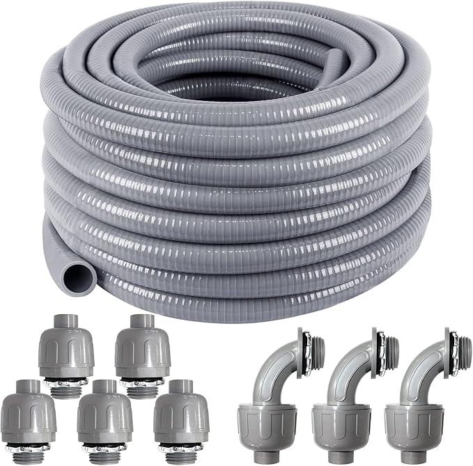 3/4" Dia Liquid Tight Conduit 50 FT,Flexible Non-Metallic PVC Conduit 3/4 Waterproof Electrical Conduit,PVC Electrical Flexible Conduit With 5 Straight And 3 Angle Fittings