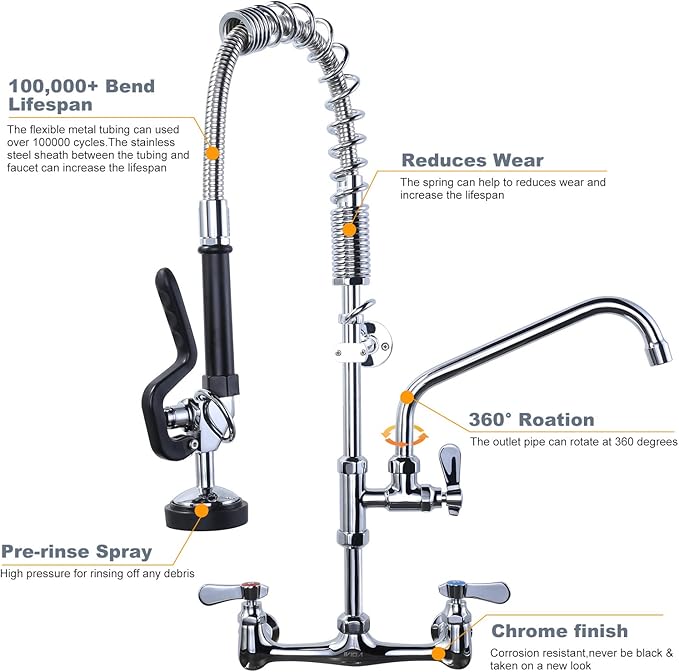 Commercial Kitchen Faucet Wall Mount with Pre-Rinse Sprayer 8 Inch Center Wall Mount Kitchen Sink Faucet with 9.6" Add-on Swing Spout 25" Height Faucet with Pull Down Spray