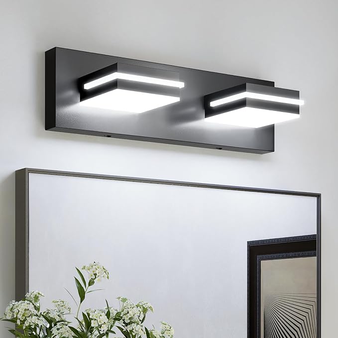 VOLISUN Modern Bathroom Vanity Light Fixtures (2-Light, 15.5-Inch), Matte Black LED Bathroom Lighting Fixtures Over Mirror, 360°Rotatable Head, LED Vanity Lights for Bathrooms (Cool White 6000K)