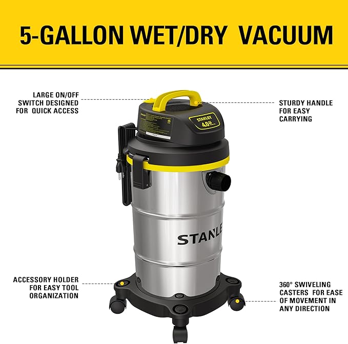 STANLEY Shop Vacuum Wet/Dry, 5 Gallon, 4 Horsepower, Stainless Steel Wet/Dry Vac Silver+Yellow+Black