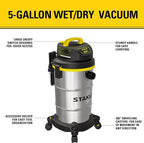 STANLEY Shop Vacuum Wet/Dry, 5 Gallon, 4 Horsepower, Stainless Steel Wet/Dry Vac Silver+Yellow+Black