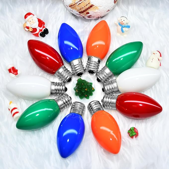 25 Pack C9 Multicolored Replacement Bulbs, 7 Watts Night Light Bulbs, C9 Colored Ceramic Incandescent Bulbs for Vintage Christmas Lights Outdoor Indoor Home Party Decorations, E17 Candelabra Base