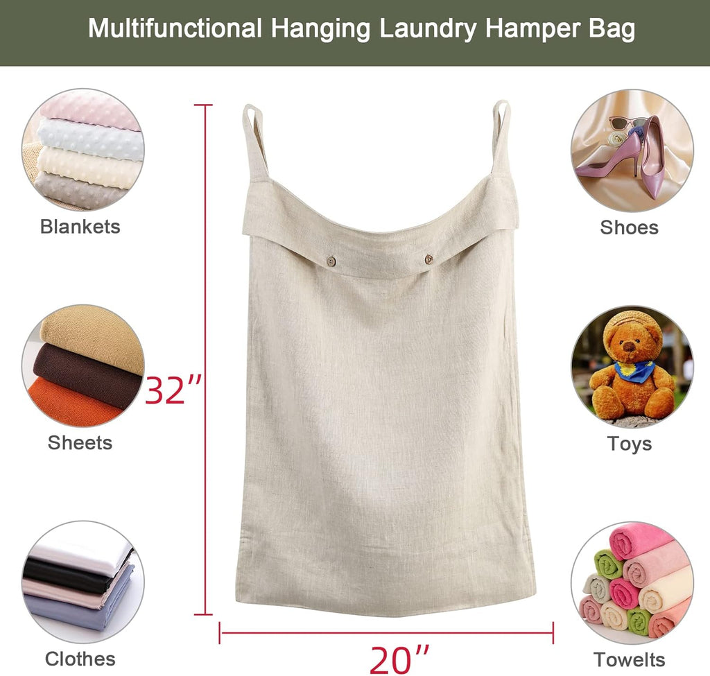 Linen Hanging Laundry Bag, 100% Linen Over The Door Laundry Hamper with Buttons and Zipper, Space Saving Door Hampers for Laundry Dirty Clothes Home Travel, Linen