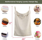 Linen Hanging Laundry Bag, 100% Linen Over The Door Laundry Hamper with Buttons and Zipper, Space Saving Door Hampers for Laundry Dirty Clothes Home Travel, Linen