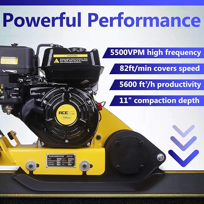 Aceup Energy Plate Compactor 6.5HP 196cc Gas, 21x14.6inch Plate 2700lbs Gas Compaction Force 5500VPM, Ground Compactor Tamper Pavement Compaction Rammer with Wheel
