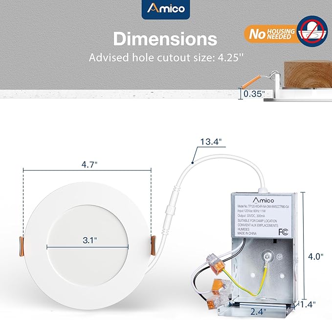 Amico 20 Pack 4 Inch 5CCT Ultra-Thin LED Recessed Ceiling Light with Junction Box, 2700K/3000K/4000K/5000K/6000K Selectable, 10W Eqv 70W, Dimmable Can-Killer Downlight, 700LM High Brightness