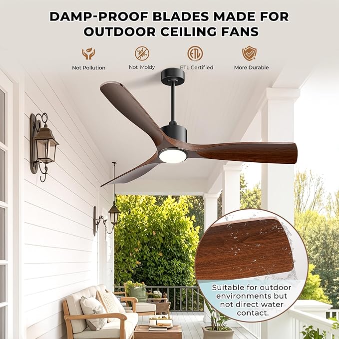 52" Smart Ceiling Fan with Lights,Outdoor Ceiling Fan Work with Alexa/Gg/App/Remote,3-Color Light Dimmable 6-Speed Quiet Reversible for Patio Porch Living Room,Dark Walnut