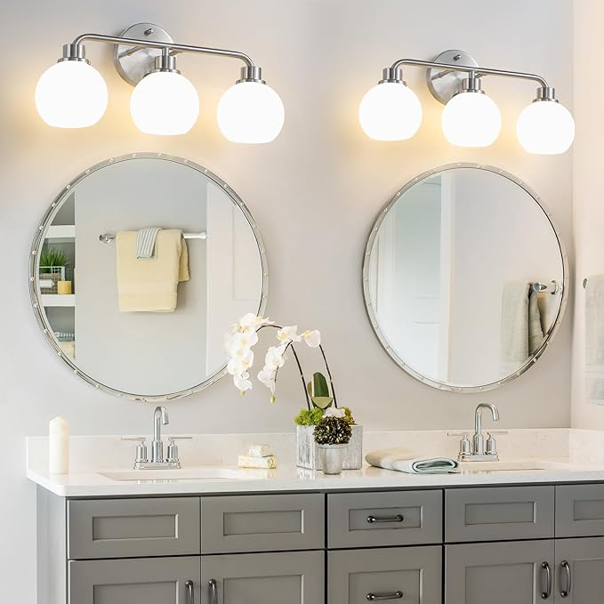 Bathroom Light Fixtures Brushed Nickel Vanity Light 3 Light Wall Sconces Lighting Silver Lights with Milk Globe Glass Shades Bath Wall Lamp for Mirror Kitchen Living Room Bedroom Hallway