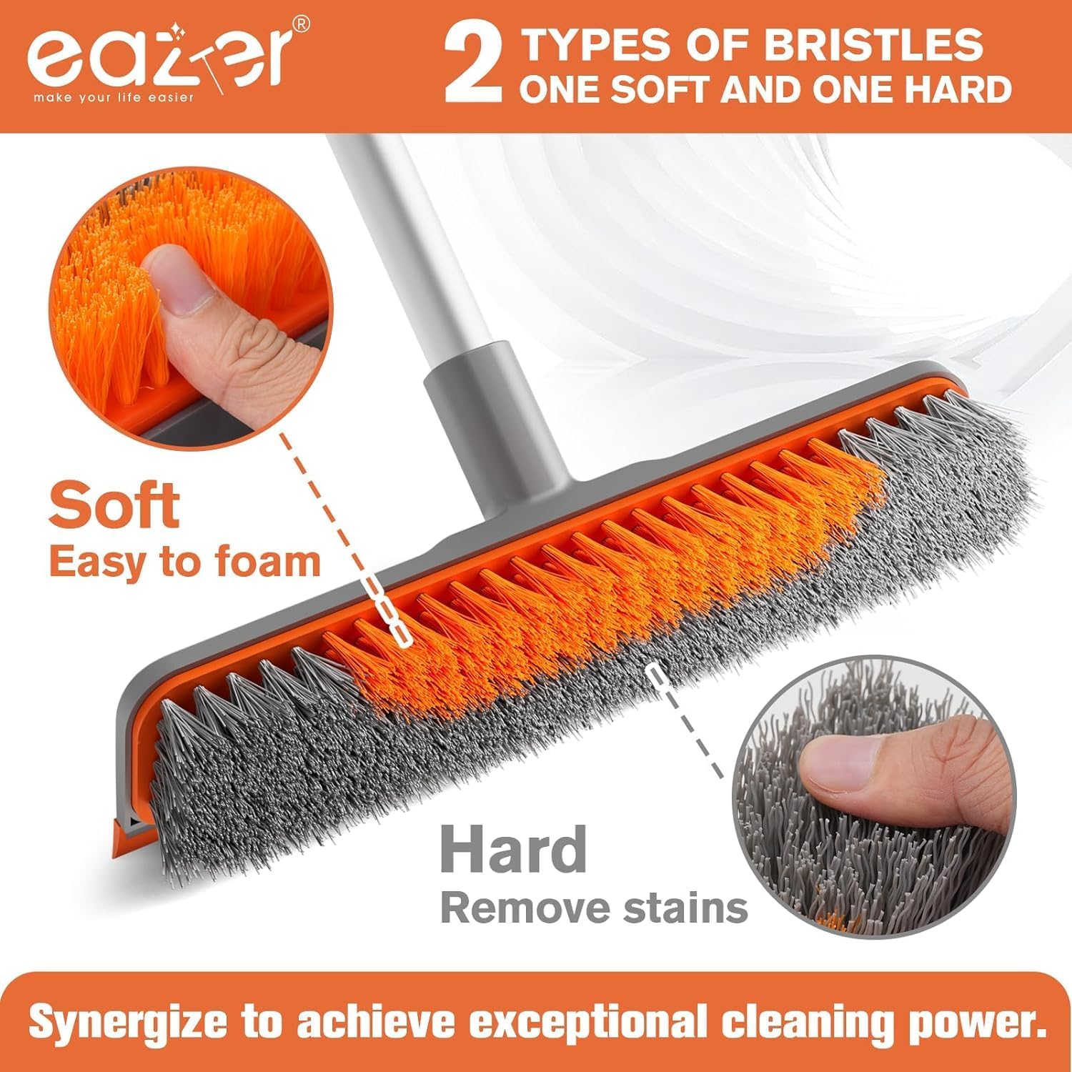 Eazer Floor Scrubber Brush, 2-in-1 Deck Scrubber Brush with Long Handle, Soft & Hard Bristle Brush for Cleaning Concrete, Squeegee Broom for Floor,Bathroom Garage,Kitchen,Wall,Tile and Swimming Pool