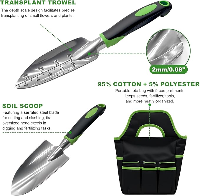 8 Piece Garden Tools, Green Anti-Slip Heavy Duty Gardening Hand Tools. Suitable for Gardeners, Potted Indoor use of Small Garden Tools to Organize with a Handbag