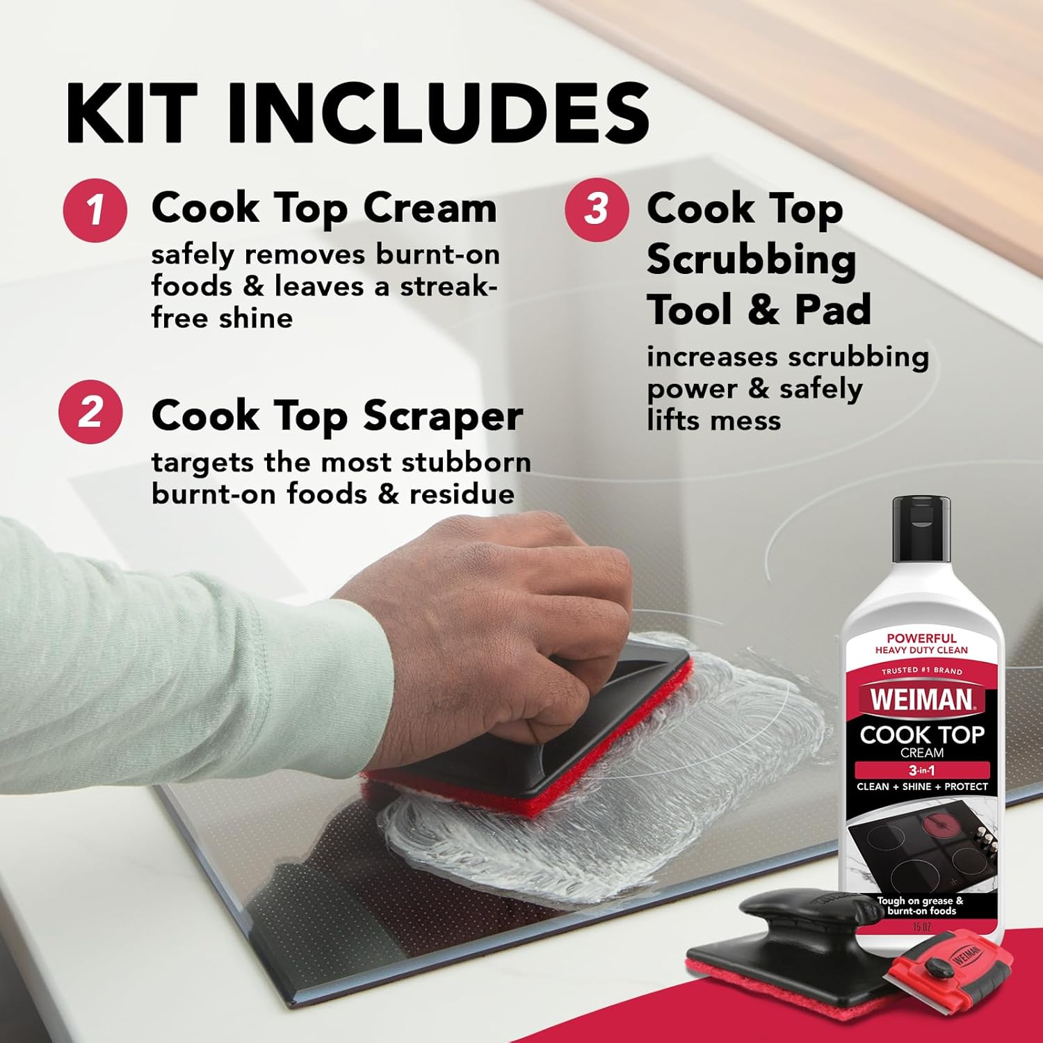 Weiman Glass Cooktop Cleaner Kit - Remove Burned on Food, Grease & Grime and Polish Stovetop, Ceramic & Induction, Streak Free, Cleaning Supplies, 20 Oz, Scrubbing Pad, Razor Scraper