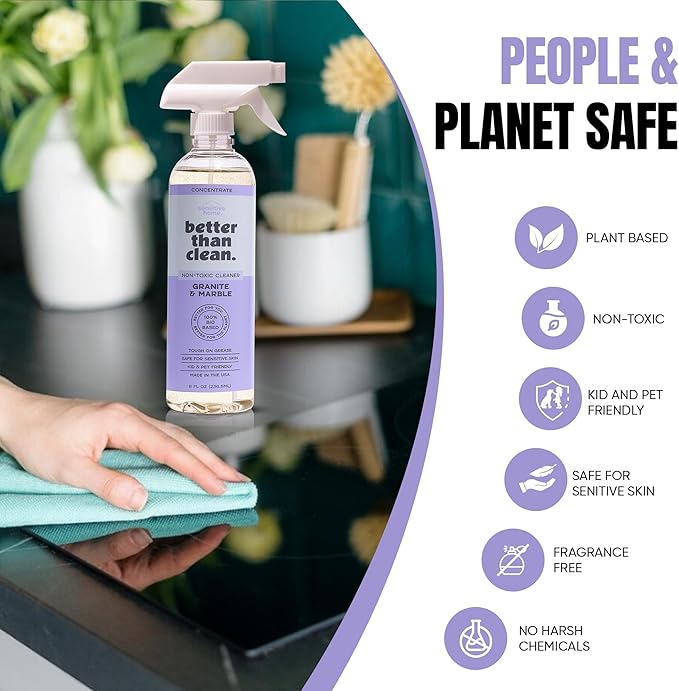 Better Than Clean™ Marble & Granite Cleaner Starter Pack – Natural Stone Cleaner for Granite, Marble, Quartz, – Plant-Based, Fragrance Free, Non-Toxic – 8oz Concentrate + 16oz Empty Refillable Bottle