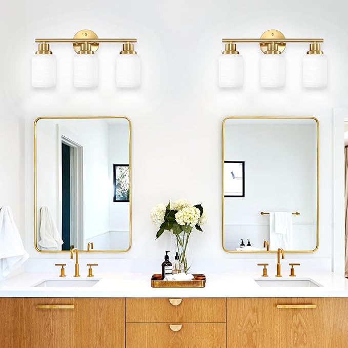 3-Light Bathroom Light Fixtures, Vanity Lights for Mirror with Textured Milky White Glass Shade, Modern Kitchen Light Fixtures Wall Sconce Light - E26 Base - Brushed Gold