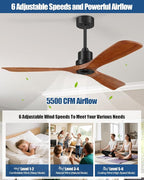 52 Inch Ceiling Fans Without Lights, Outdoor Ceiling Fan No Light with Remote, 3 Downrods, 3 Wood Blades, Timer, 6 Speeds Modern Ceiling Fan Noiseless Reversible DC Motor for Patios Porch Bedroom