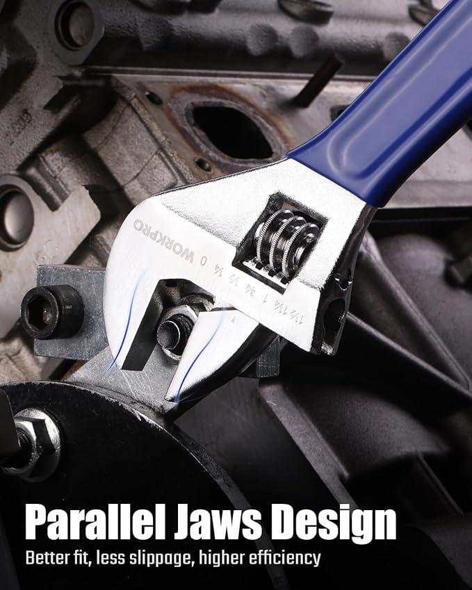 WORKPRO 4-Piece Adjustable Wrench Set (6", 8", 10", 12") – Heavy-Duty, Wide Jaw Wrenches with Laser-Etched Metric & SAE Scales, Comfortable Grip for Automotive, Plumbing & Repairs