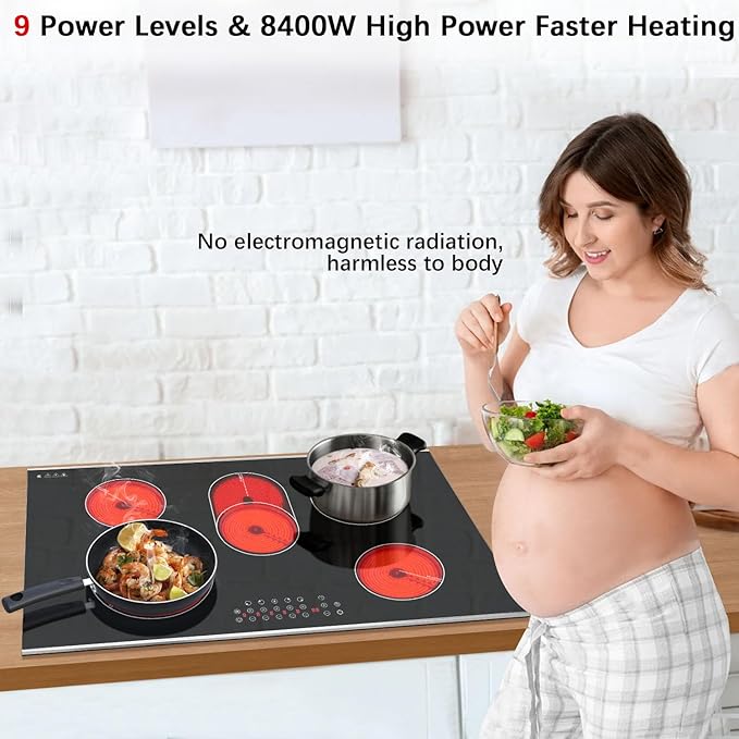 Karinear Electric Cooktop 36 Inch, 5 Burners Electric Stove Top, Built-in Glass Radiant Electric Ceramic Cooktop, Expandable Zones, Lock, Timer, Pause, Metal Edged Protection, 8400W 220~240v Hardwired