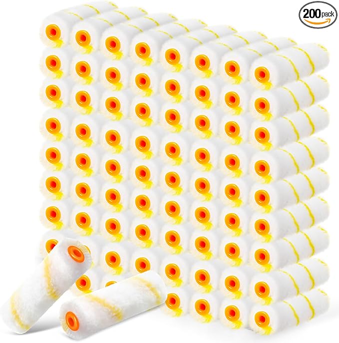 Leumoi 200 Pcs 4 Inch Mini Paint Roller Bulk Small Microfiber Roller Cover 1/2" Nap for Paint Brush for House Painting Supplies DIY Craft Home Wall Repair Tool Kit Set(Yellow)