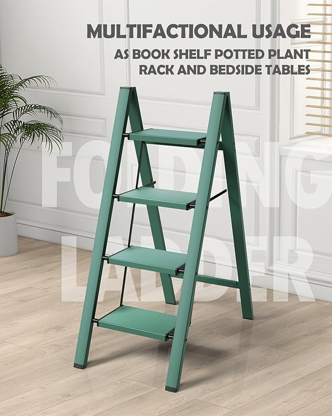 Taranta 4 Step Ladder,Aluminum Lightweight Folding 4 Step Stool with Anti-Slip Wide Pedal,330lbs Capacity Step Ladder for Household,Kitchen,Office - Green