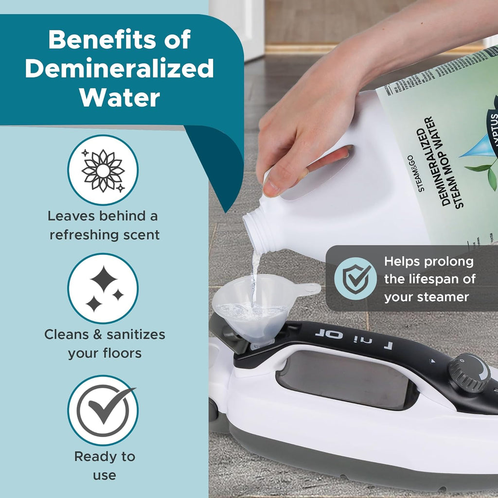 Steam & Go Demineralized Water - Multi-Surface Cleaning Solution for Steam Mop, Ready-to-Use Floor Cleaner, No PVC, Ideal for Home & Office, Compatible w/Any Mop - Eucalyptus Mint, 128oz, Pack of 1