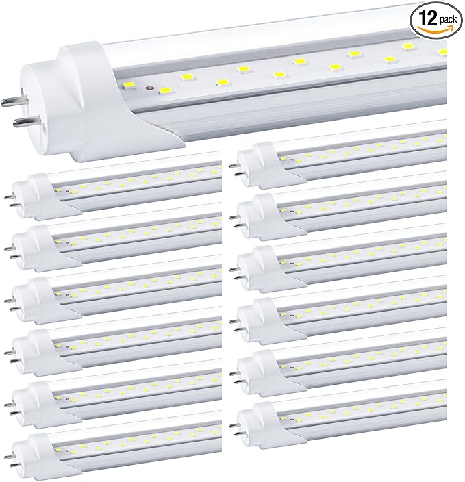 T8 LED Bulbs 4 Foot, 12-Pack 4FT LED Tube Light, 24W 3200LM, 5000K Daylight White, T8 Fluorescent Tube Replacement, Dual-Row Chips, Super Bright, Ballast Bypass, Dual-End Powered, Type B