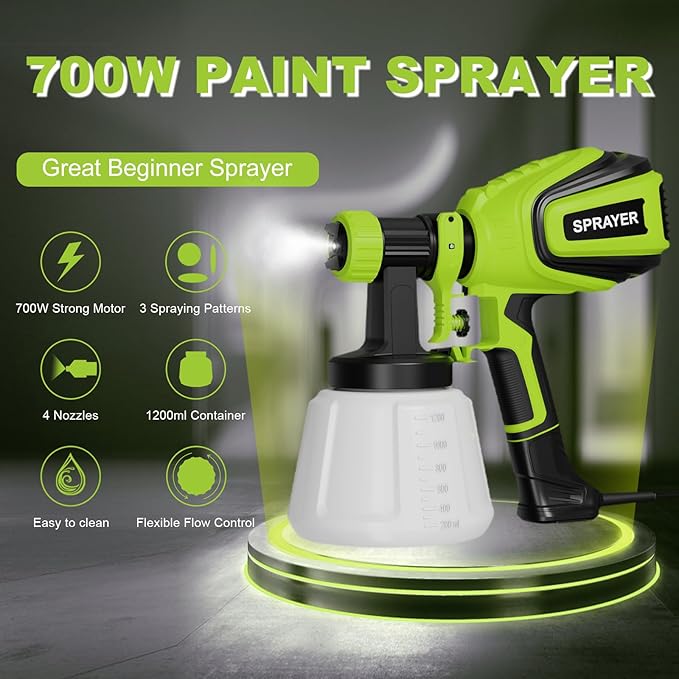 Paint Sprayer 700W, Electric HVLP Paint Spray Gun, with 4 Nozzles and 3 Patterns Cleaning & Blowing Joints Easy to Clean for Garden Chairs Fence Door Cabinets Home Interior Walls etc. VF803 Dark Green