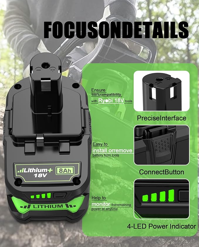 8.0Ah for ryobi 18v Battery, with ryobi Battery 18v System Cordless Power Tools and Charger, P102 P108 P103 P104 P105 P107 P109 P122(2 pcs)