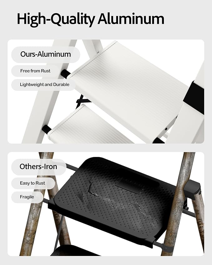 Taranta 4 Step Ladder, Lightweight Aluminum Step Stool with Convenient Handgrip, Folding Ladder with Anti-Slip Pedals, 330lbs Capacity Stepladder for Home, Office, Kitchen - White